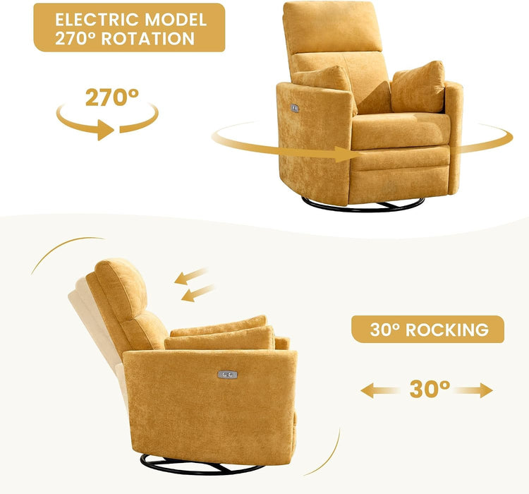 Power Recliner Nursery Swivel Rocking Glider Chair with USB Port,Upholstered Electric Nursing Recliner Rocker Chair for Adults with 2 Pillows for Bedroom Nursery Living Room(Yellow,Power-Driven)