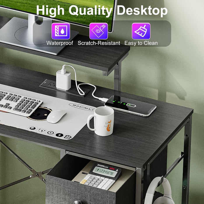 33.5" Small Gaming Desk with LED Lights & Power Outlets, Compact Computer Desk with Monitor Stand & CPU Stand, Gamer Table with Storage Drawer, Side Hooks for Home Office, Bedroom, Black