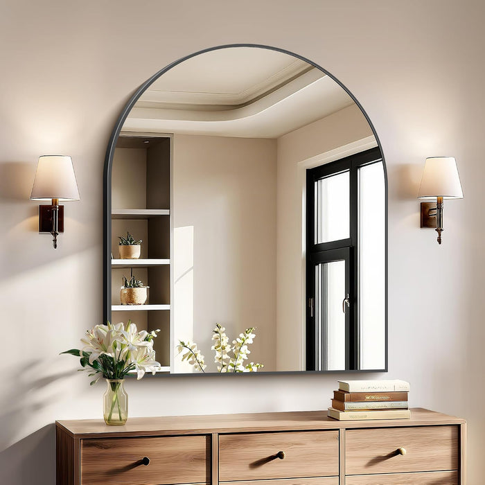 Black Arch Mirror, 30’’X36’’ Black Mirror for Bathroom, Wide Arched Bathroom Mirror with Metal Frame, Wall Mounted Mirror for Bedroom Living Room Entryway Modern
