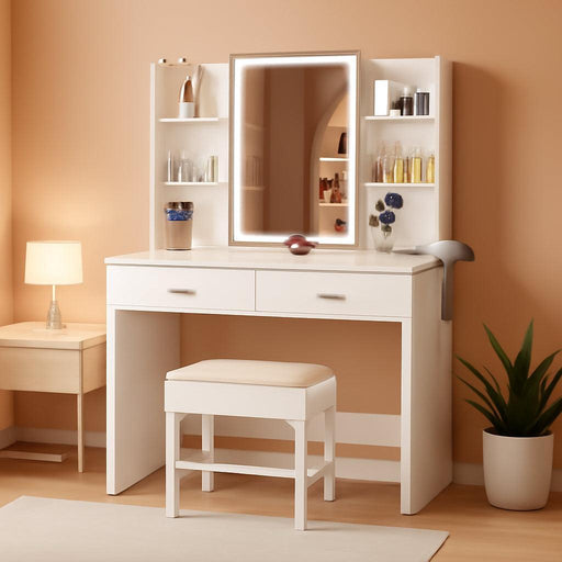 White Vanity Set with LED Mirror & Stool, Makeup Desk with Built-In Power Outlet (2 AC & 2 USB), 2 Large Drawers & 6 Shelves, Lighted Dressing Table for Bedroom Organization