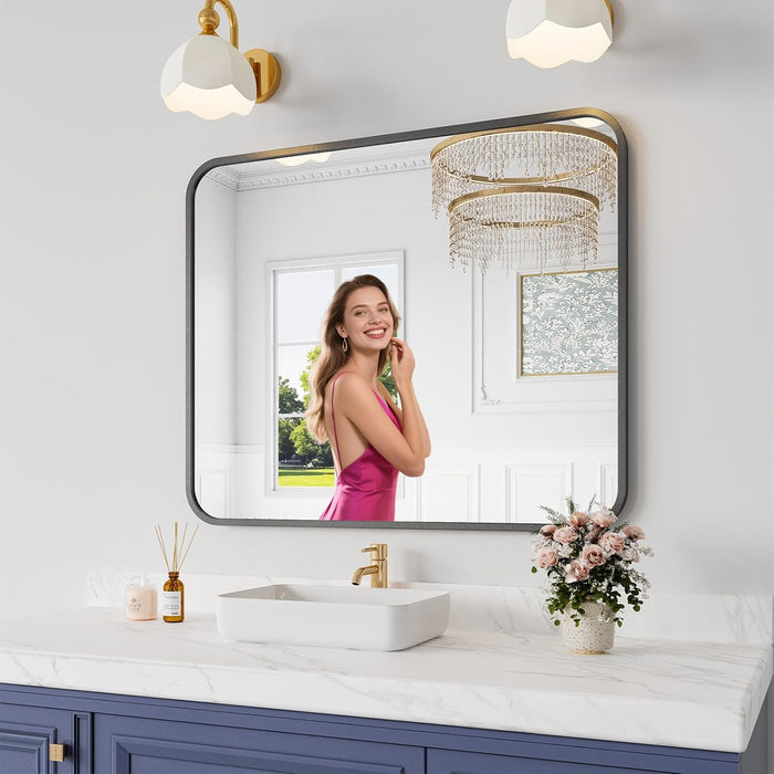 Bathroom Mirror, 30X36 Inch Black Metal Framed Mirror for Bathroom, Tempered Glass, Anti-Rust, Rounded Rectangle Mirror for Restroom, Bedroom, Black