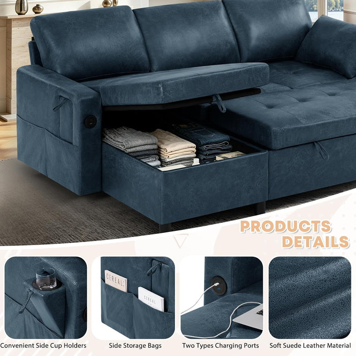 84” Suede Leather Pull-Out Sofa Bed W/Adjustable Back, Blue