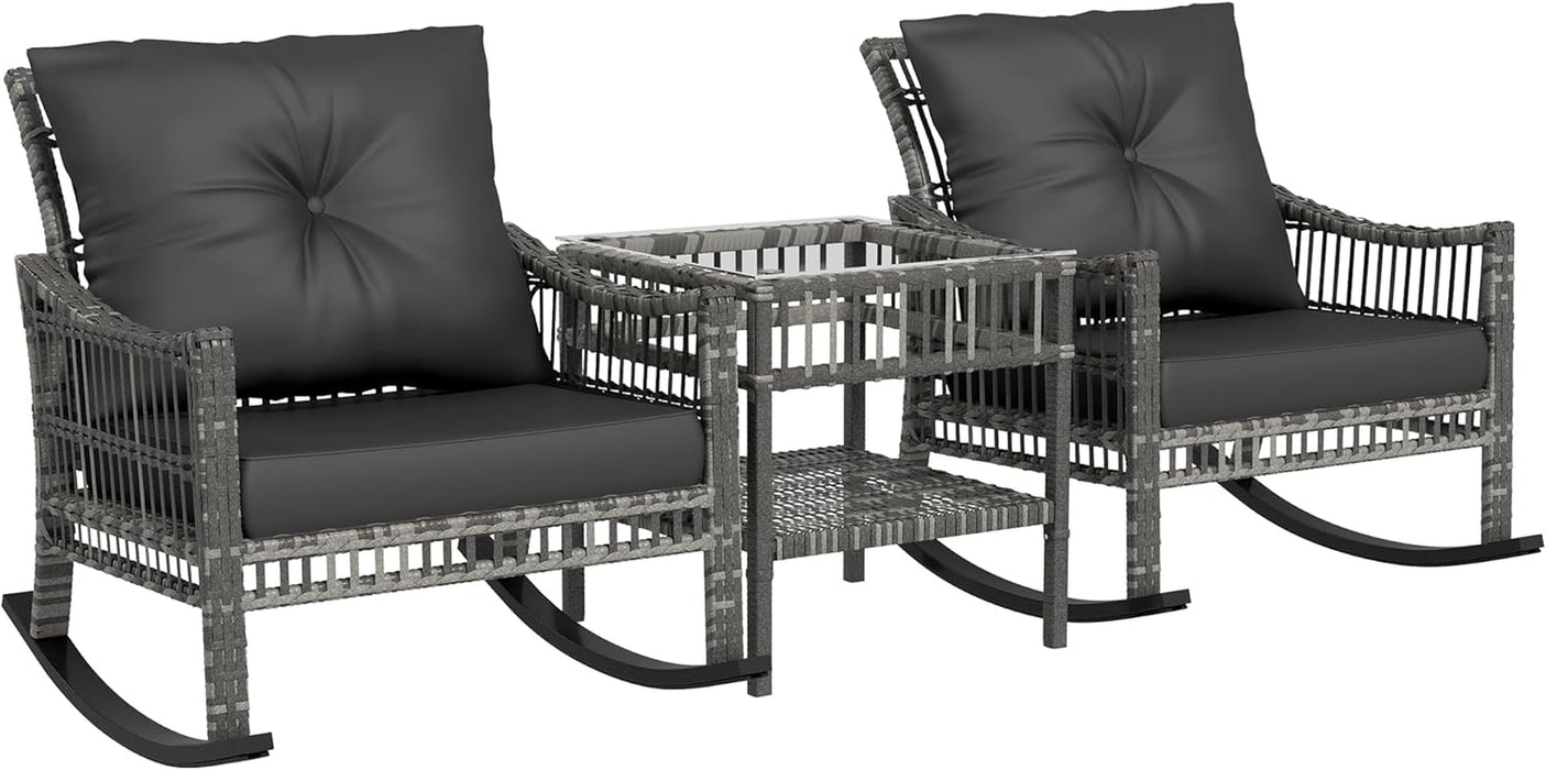Wicker Outdoor Rocking Chair Set, 3 Piece Patio Furniture Set with Padded Cushions and Storage Coffee Table, 2-Seater PE Rattan Bistro Set for Garden Backyard Porch, Gray