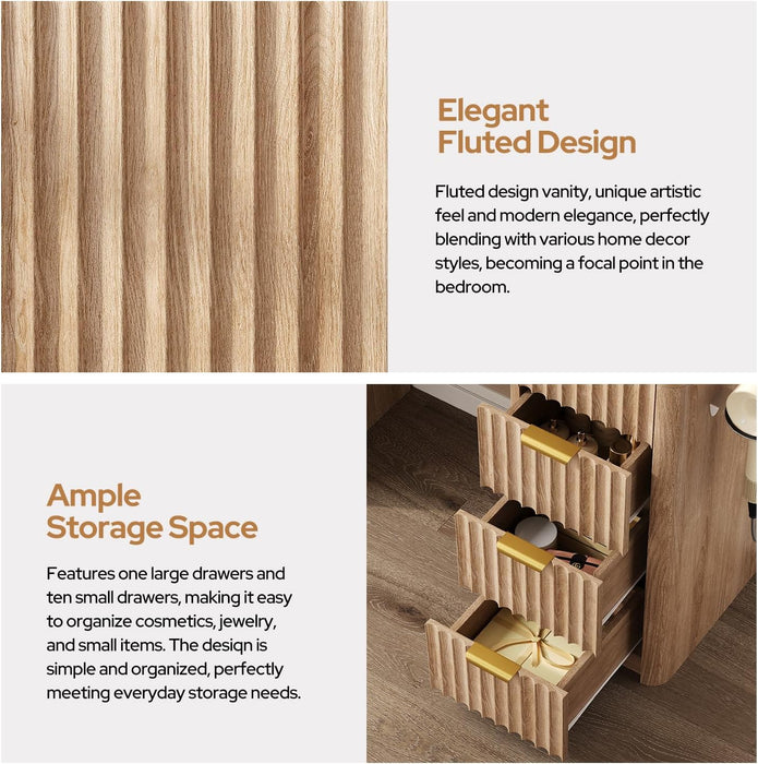 47" Fluted Vanity Desk with 42" Mirror & LED Lights, Large 9 Drawers Makeup Vanity Table with Tempered Glass Top & Charging Station, Waterfall Edge Design for Women&Girls, Bedroom or Dorm, Natural Oak