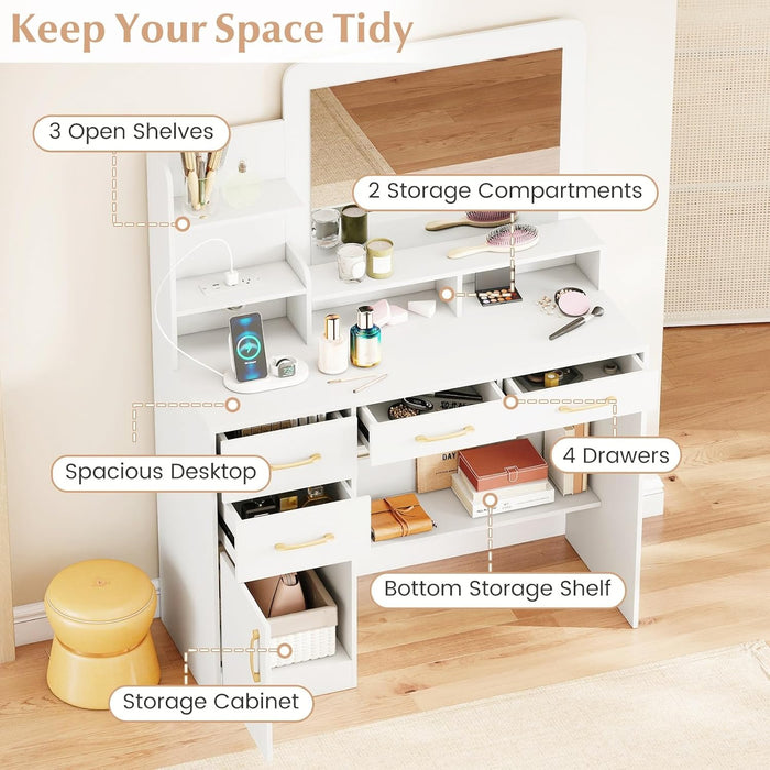 White Makeup Vanity Desk with Mirror & Charging Station, Modern Vanity Table with 4 Drawers, 3 Shelves, 1 Cabinet & Spacious Desktop, 40 Inch Dressing Table with Storage for Bedroom
