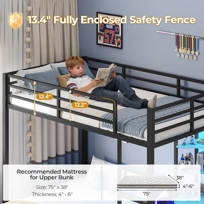 Twin over Full Bunk Bed with Desk, Bunk Beds Twin over Full Size with Charging Station & Led Lights, Storage Drawers & Shelves, Loft Bed with Safety Guardrail & Ladder for Kids/Teens, Grey