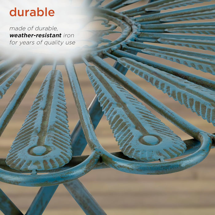 Indoor/Outdoor 3-Piece Peacock Feather Rustic Metal Bistro Set Patio Seating, Light Blue