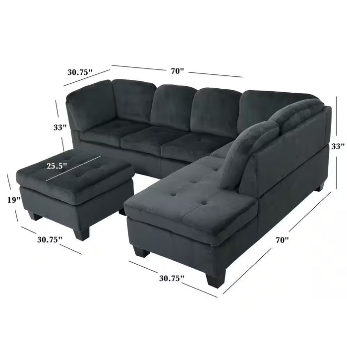 3-Piece Charcoal Fabric 6-Seater L-Shaped Sectional Sofa with Ottoman