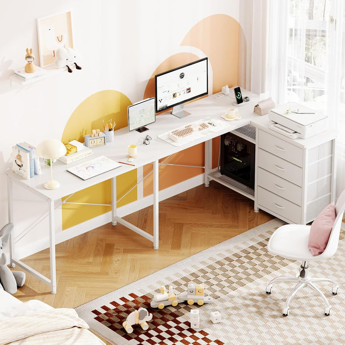 2 Person Desk & L Shaped Desk, 76.4'' Home Office Desk with 4 Drawers & Outlet, Corner Computer Desk with Metal Wire Shelf, Adjustable Drawer Orientation & Desk Shape for All Space, Brown