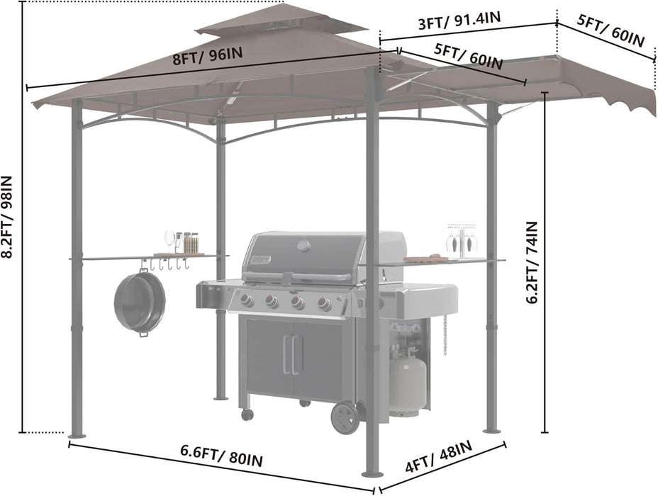 11 X 5 Grill Gazebo with Extra Side Awning Outdoor BBQ Gazebo with 2 LED Lights for Patio Party Backyard Picnic(Brown)