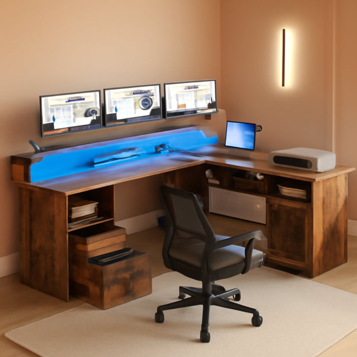 L Shaped Desk with Power Outlets & LED Lights, 60” Corner Computer Desk with Drawers & Lift Top, Home Office Desk with Monitor Stand & File Cabinet, Wood Height Adjustable Desk, Rustic Brown