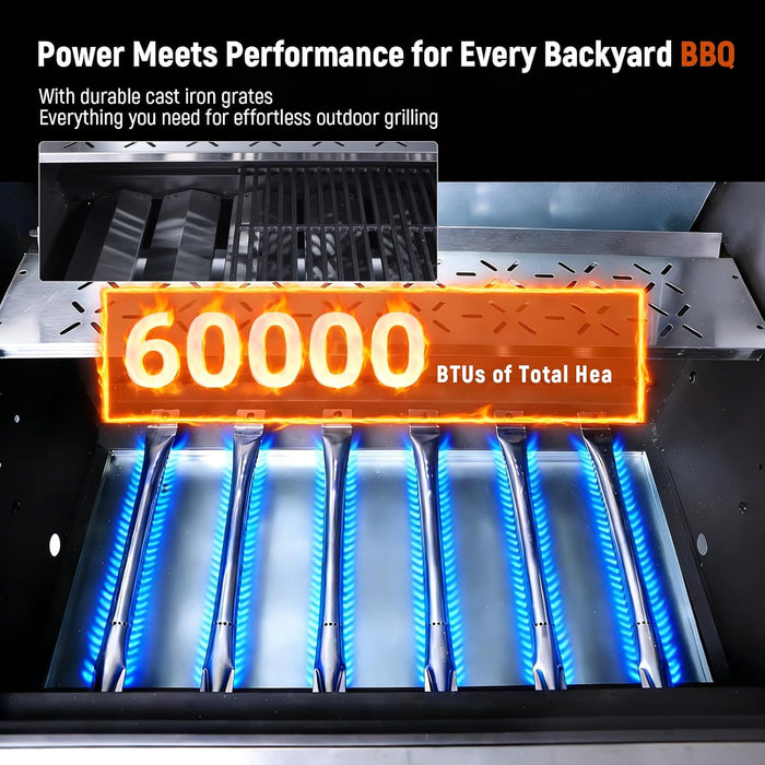 6 Burner Propane Gas Grill, 60,000 BTU Outdoor BBQ Grill with Cast Iron Cooking Grates, Stainless Steel Warming Rack, Built-In Thermometer, Electronic Ignition, Side Shelves, Storage Cabinet