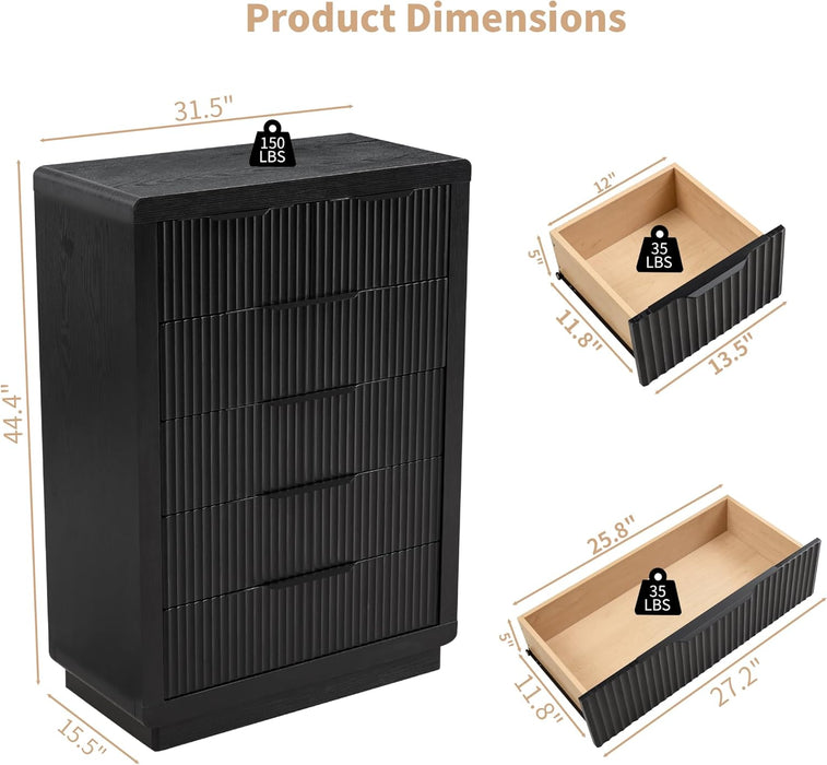 Black Dresser with 6 Drawers, 44.4" Tall Modern Chest of Drawers with Thickened Curved Profile Design, Wooden Dresser Organizer for Bedroom, Living Room, Hallway