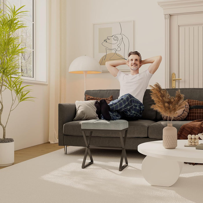 Vanity Stool, Linen Footrest Stool, Ottoman Bench with X-Shaped Metal Legs, Makeup Dressing Stool for Vanity, Living Room, Bedroom, Entryway, Hallways 15.74"D×11.81"W×18.11"H Blue Gray UHBD033L