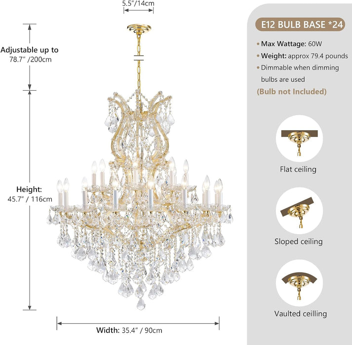 Gold Large Crystal Chandelier-24-Light Chandelier Light Fixture Modern Maria Theresa Crystal Chandeliers Light for Foyer, Entryway, Staircase,High Ceiling,Living Dining Room