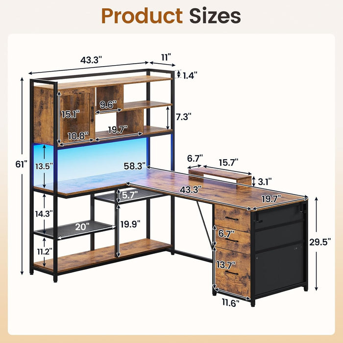 L Shaped Computer Desk, 58'' Office Desk with 3 Drawers and Bookshelf, L Shaped Corner Desk with Storage Shelves and LED Light for Home Office, Gaming Desk, L Desk, Rustic Brown