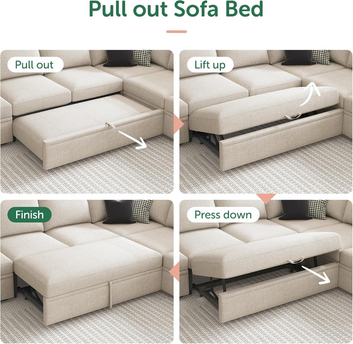 Beige Modular Sleeper Sectional With Storage Ottoman