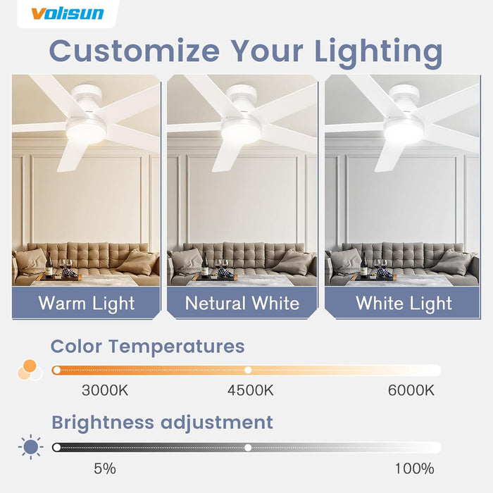 Ceiling Fan with Lights and Remote, 42 Inch Low Profile Ceiling Fan with Light, Reversible, 3CCT, Dimmable, Noiseless, White Flush Mount Ceilings Fans for Bedroom, Indoor/Outdoor