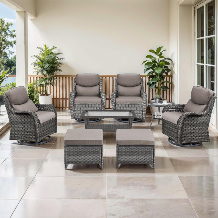 Outdoor Swivel Rocker Patio Chairs Set of 4 with Coffee Table - 5" Thick Cushion 8 Piece Furniture Set All Weather Comfortable Wicker Conversation Set for Porch Deck - Gray/Gray