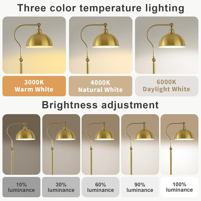 Bright LED Reading Floor Lamp with Remote and Bluetooth Dimming,Adjustable Brightness and Color Temperature, Brass Gold Brushed Iron Lampshade,59" Modern Standing Lamp for Living Room Bedroom Office