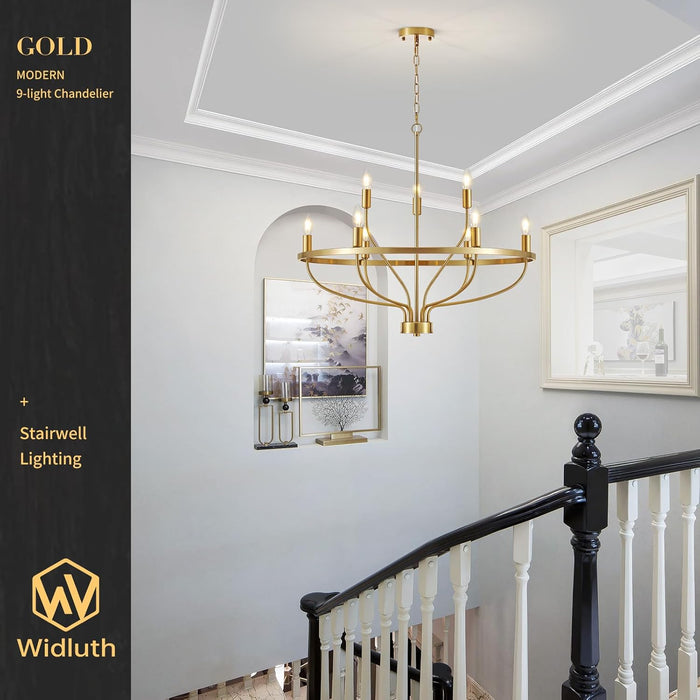 30Inch Crystal GoldTone Chandelier Nine Light Fixture