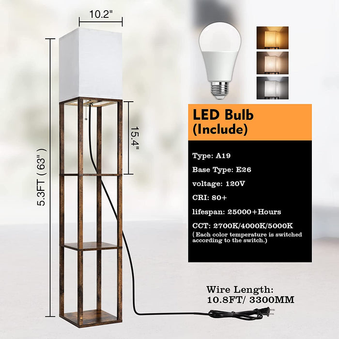 RUNTOP Floor Lamp With Shelves – Modern Shelf Lamp For Display & Storage, 3 Color Temperatures, Rustic Brown, 11.68 Lbs