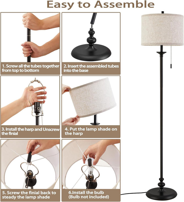 Black Floor Lamp, 60" Standing Lamp with Fabric Lampshade