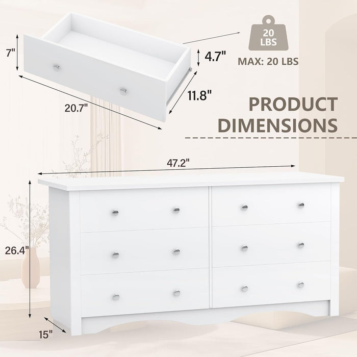 Dresser for Bedroom with 6 Drawer, 47.2" TV Stand, Organizer Drawers for Bedroom, Living, Hallway (Light White)