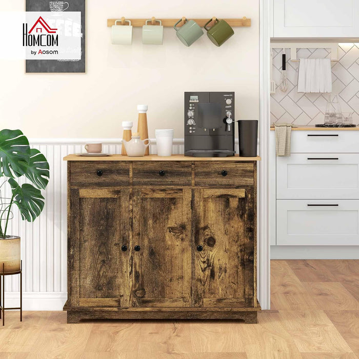 Sideboard Buffet Cabinet Solid Wood Countertop Rustic Brown | Modern Kitchen Storage, Coffee Bar Cabinet, 3 Drawers, Doors, Adjustable Shelf