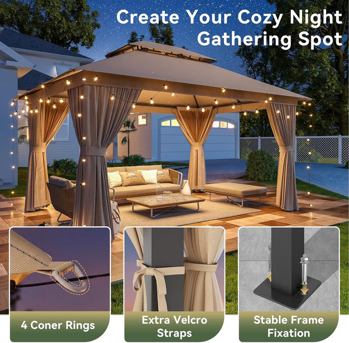 12'X10' Gazebo, Outdoor Gazebo Metal Frame Canopy with Double Roofs, Heavy Duty Patio Tent Shelter with Mosquito Netting and Privacy Screen for Backyard, Beige