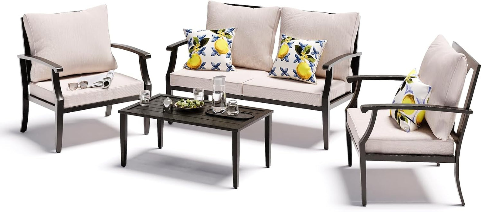 4 Pieces Patio Furniture Set W/Loveseat,Coffe Table,Outdoor Conversation Metal Sofa with High Back and Thick Cushion,For Backyard,Garden,Beige