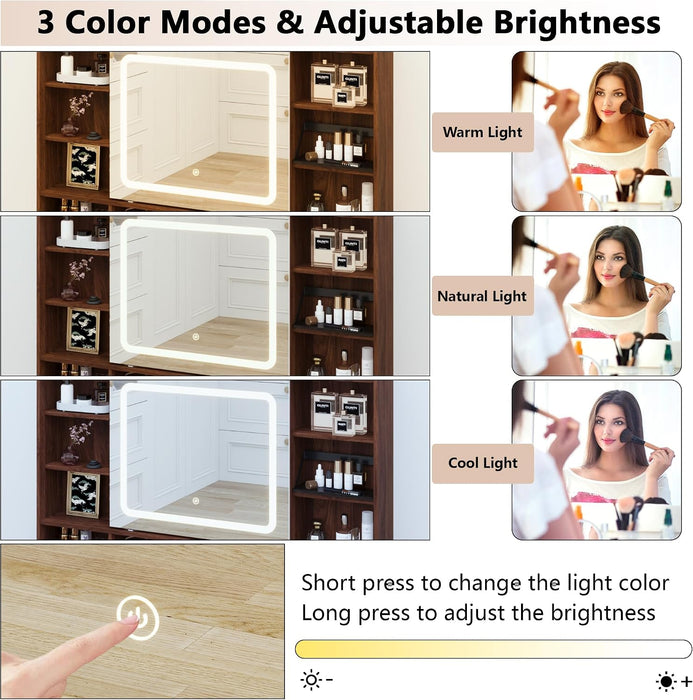 43.3" Fluted Vanity Desk with Mirror and Lights, Wood Makeup Vanity Desk with Charging Station & Mobile Mirror, Modern Dressing Table with Adjustable Shelves & Jewelry Hooks for Girls, Women, Walnut