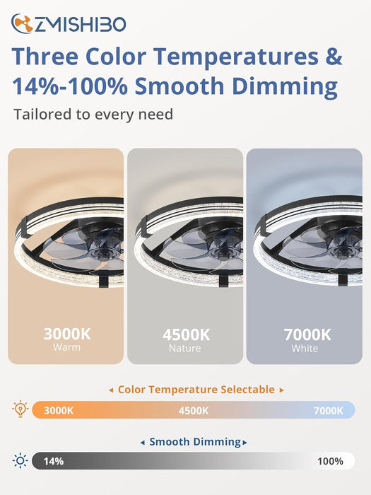 Low Profile Ceiling Fans with Lights, Flush Mount Modern Ceiling Fan and Remote Control, 20" LED Ceiling Fans, Stepless Dimmable 3 Colors and 6 Speeds (Black, 20")