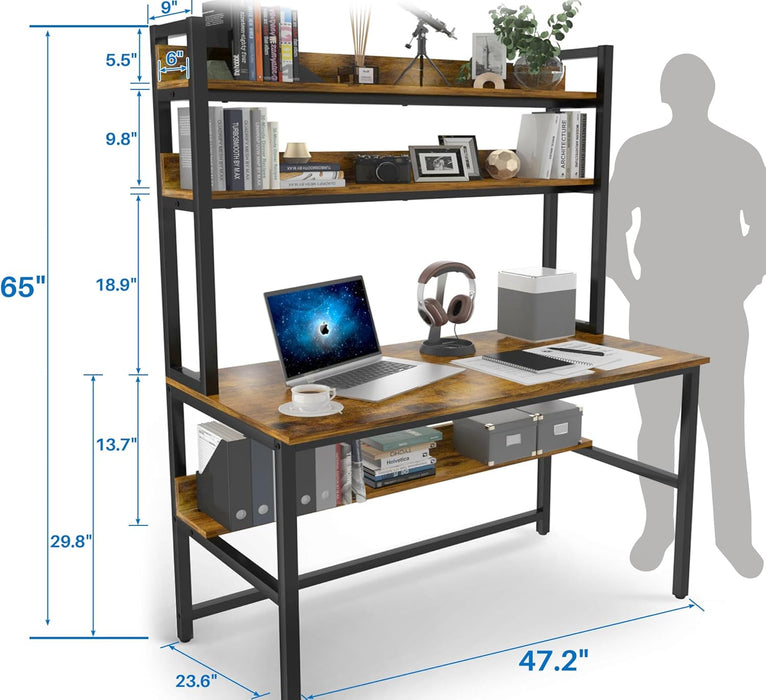 Computer Desk with Hutch, 47“W X 23.6" D Desk with Shelves, Tall Home Office Desk with Bookshelf, Metal Legs Study Table with Upper Storage Shelf for Study Writing/Workstation