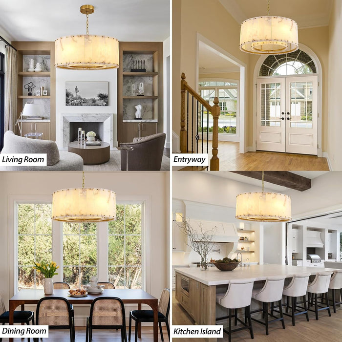 Alabaster Chandeliers,D24In Marble round Alabaster Chandelier,Modern Brass Dining Room Chandelier, Adjustable Gold Chandeliers for Bedroom,Bathroom,Entryway,Foyer,E12 Bulbs Included