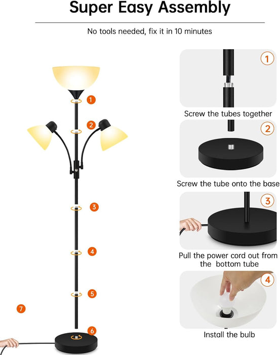 Floor Lamp Black, Standing Lamp, 71" Tall Lamps for Living Room, 3 Way Switch, Plastic Lampshade, Torchiere Floor Lamp with Reading Lamps, Modern Pole Lamps for Bedroom Kids Room E26 Base(No Bulb)