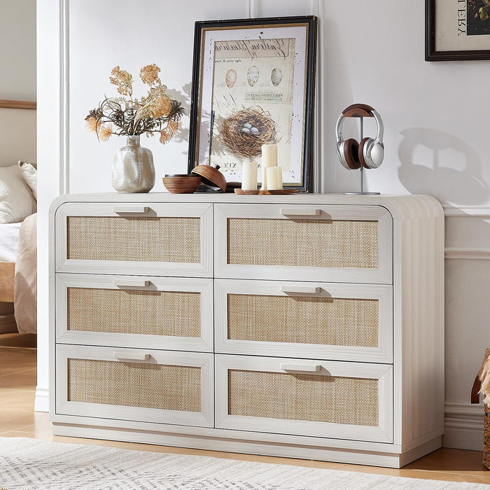 Rattan 6 Drawer Dresser for Bedroom, Grey White
