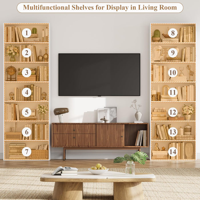 82" Tall Bookshelf Set of 2, 7-Tier Double Open Shelves Bookcase