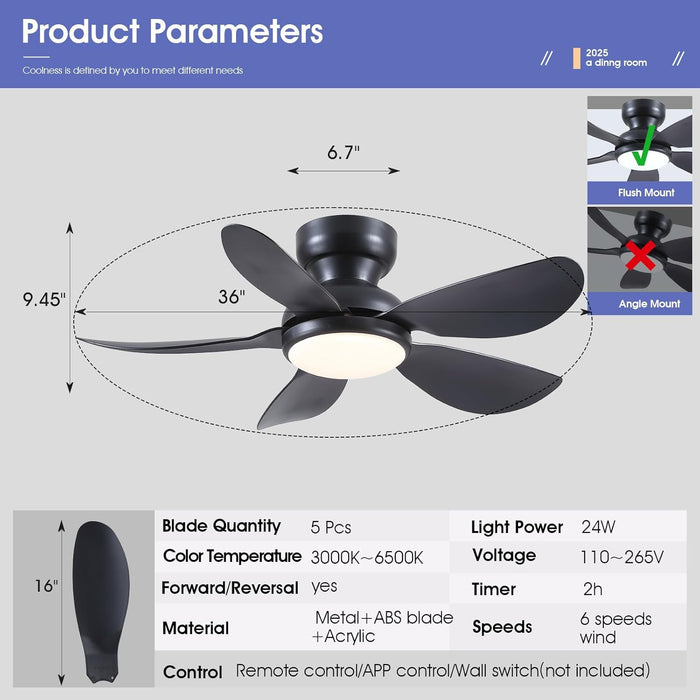 36 Inch Modern Ceiling Fans with Lights, Small Flush Mount Ceiling Fan, Remote/App Control, 5 Reversible Curved Blades, 6 Speeds, 3 CCT Dimmable Lights for Kids Room Bedroom, Black