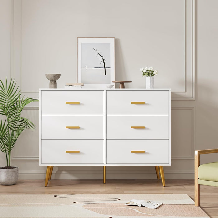 6 Drawer Dresser, Modern Wooden Chest of Drawers with Gold Handles, Deep Drawers for Bedroom, Living Room and Entryway, White
