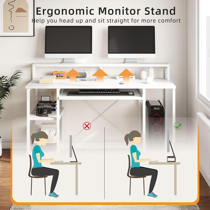 48 Inch Computer Desk, Home Office White with Keyboard Tray, Gaming with Full Monitor Stand, Storage Shelves & CPU Stand, Modern Study Writing Table Studio Work with Shelf