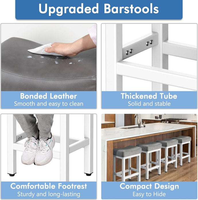 Counter Height Bar Stools Set of 2, 24 Inch Barstools for Kitchen Island Counter, Bonded Leather Kitchen Stools with Thick Saddle Seats & Heavy Duty Metal Base, Easy Assembly, Gray/White