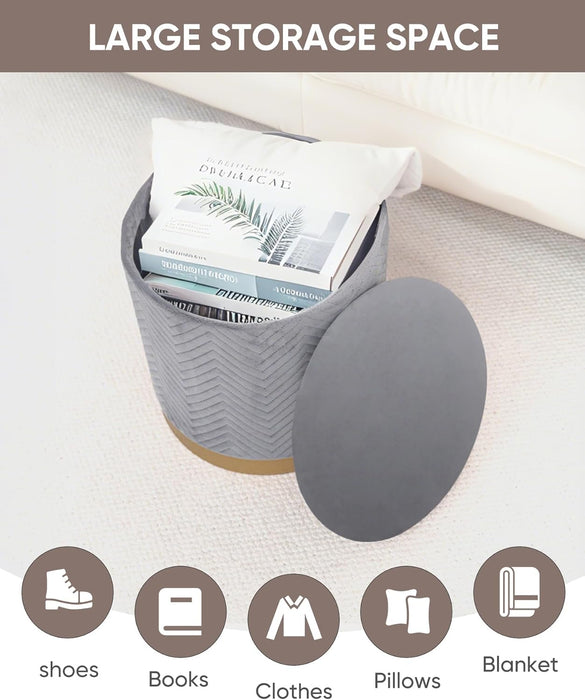 Ottoman with Stroage, round Velvet Storage Ottoman with Gold Plating Base,Foot Rest Stool for Dorm Room, Living Room Grey, 14.76"X14.76"X16.34"