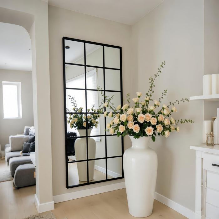 Windowpane Full Length Mirror, 65"X 24" Floor Standing Mirror, Black