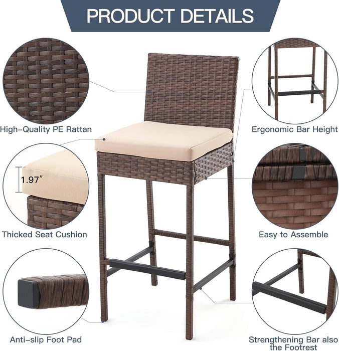 Set of 4 Outdoor Rattan Bar Stools with Cushions – Armless Wicker Barstools for Patio, Poolside, Deck & Backyard, Weather-Resistant Furniture(Brown)