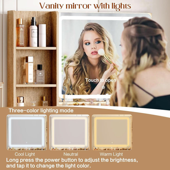 Large Vanity Desk with 3 Color Touch Screen Dimming Mirror, Vanity Desk with Charging Station, Modern Retractable Makeup Dressing Table, Makeup Table with Storage Shelves and 5 Sliding Drawers, Oak