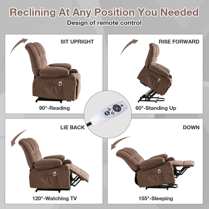 Power Lift Recliner Chair for Elderly, Electric Recliners with Heat and Massage, USB Charge Port, Cup Holders, Infinite Position and Side Pockets, Fabric Single Sofa for Living Room, Brown