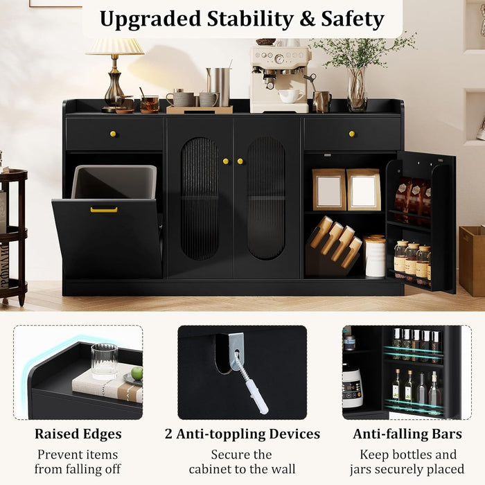 55" Farmhouse Buffet Cabinet, Large Credenza W/Hidden Tilt Out Trash Can, 2 Glass Doors, 2 Drawers & Adjustable Shelves, Modern Sideboard Coffee Bar Cabinet for Kitchen (Black)