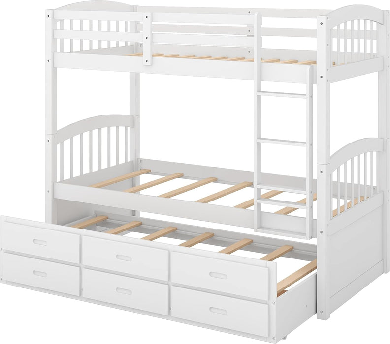 Harper&Bright Designs Twin over Twin Bunk Bed with Safety Rail, Ladder, White Twin Trundle Bed with 3 Drawers for Kids, Teens Bedroom, Guest Room Furniture