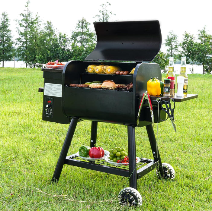 Electric Wood Pellet Grill & Smoker with Side Shelf, 456 SQ.IN Grill Capacity, 11LB Hopper, with PID Temperature Control (180-425°F) for Backyard Camping Bake and Roast, Black with Cover